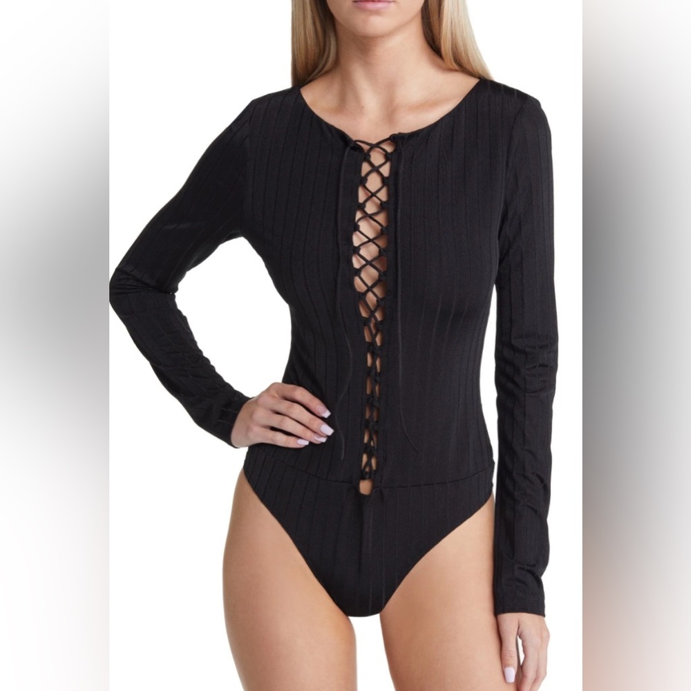 Open Edit Lace-Up Long Sleeve Ribbed Black Bodysuit